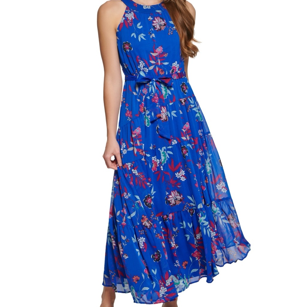 NWT Calvin Klein Vibrant Blue Floral Halter Maxi Dress
